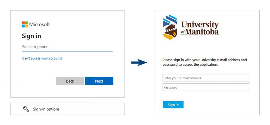 A pair of screenshots that show the login screens for Microsoft 365, that are used to access Aurora.
